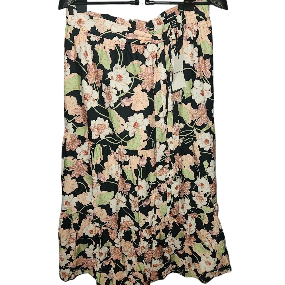 Who What Wear Maxi Skirt Black Floral‎ Print Tiered Ruffle Waist Tie NWT XXL